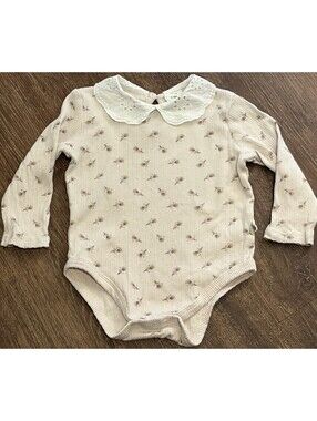 Dreamgro Organics Cotton Baby Girl 6-9M Ribbed Floral Bodysuit Eyelet Collar